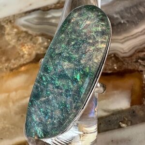 2514 Iridescent Faux Opal Silver and Green Statement Ring